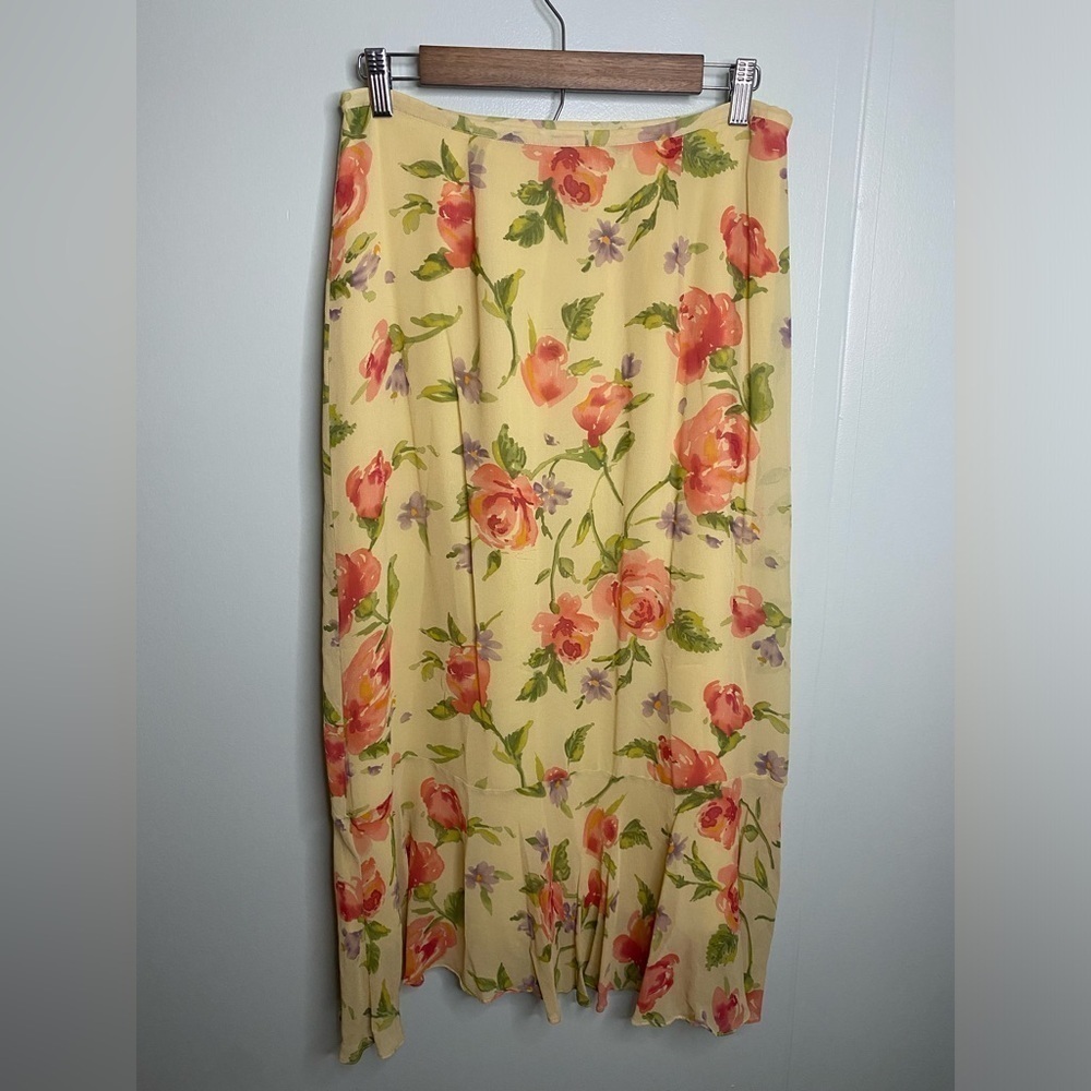 Laura Ashley Silk Skirt SZ 10 Cream Floral Rose&Lavendar Cottage Core, Flowy